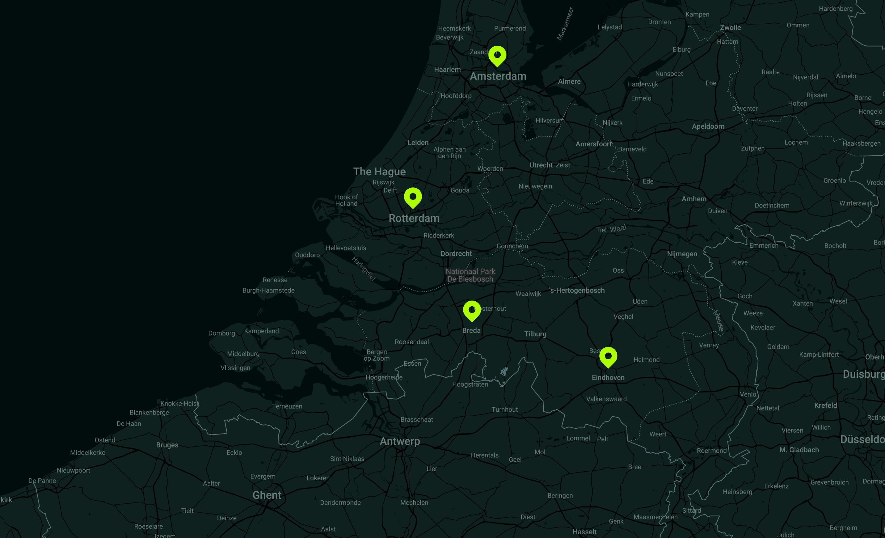 Map of 4 locations in Breda, Eindhoven, Rotterdam and Amsterdam